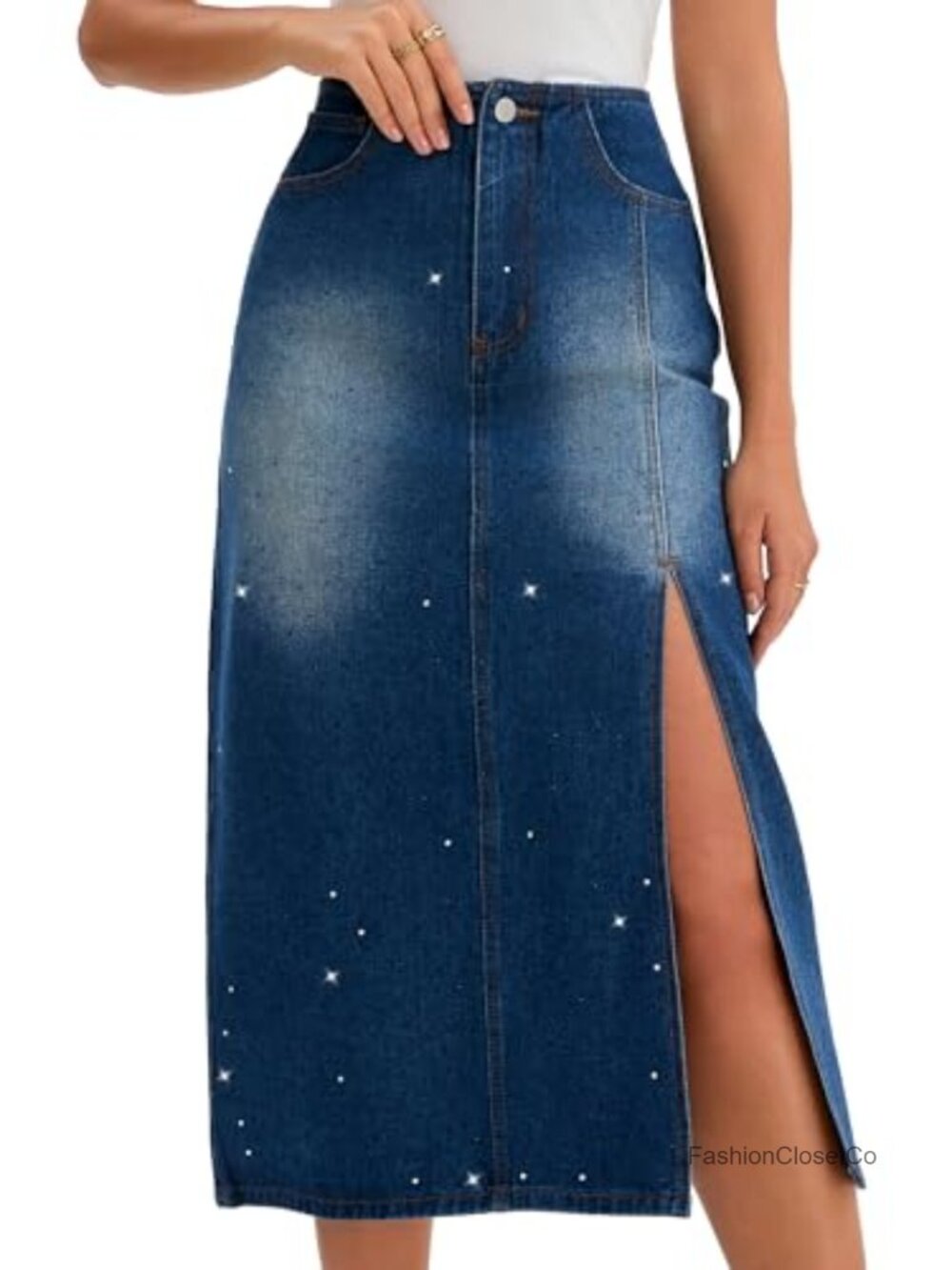 Women High Waisted Rhinestone Midi Denim Side Split Skirt